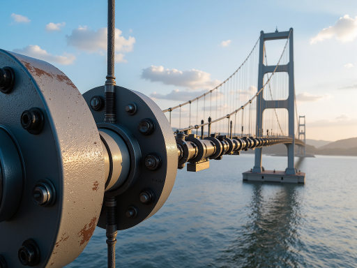 Modern steel bridge spanning across river, multiple steel trusses and cables, urban cityscape in background